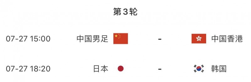 东亚杯男足末轮赛程：7月27日15:00国足vs中国香港 18:20韩日争冠