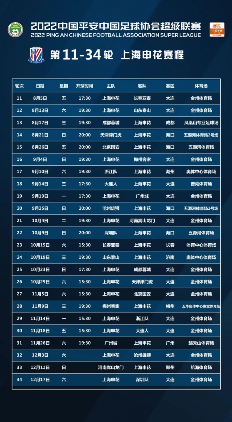 2022中超联赛第11-34轮上海申花赛程表