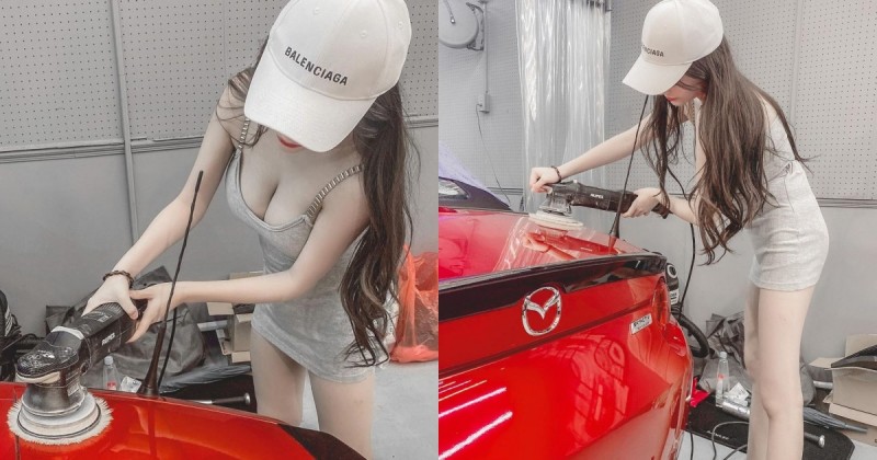 白皙長腿妹「彎腰爆乳」替汽車美容！「超火辣F奶」呼之欲出，網友大讚：想一起拋光