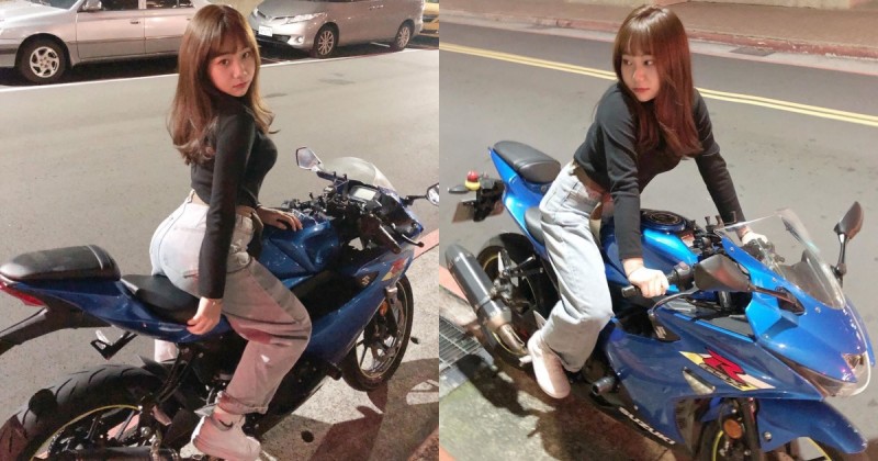 這角度很可以！「甜美小隻馬」騎大車氣勢足，自備「車頭燈」不怕別人沒看到她！